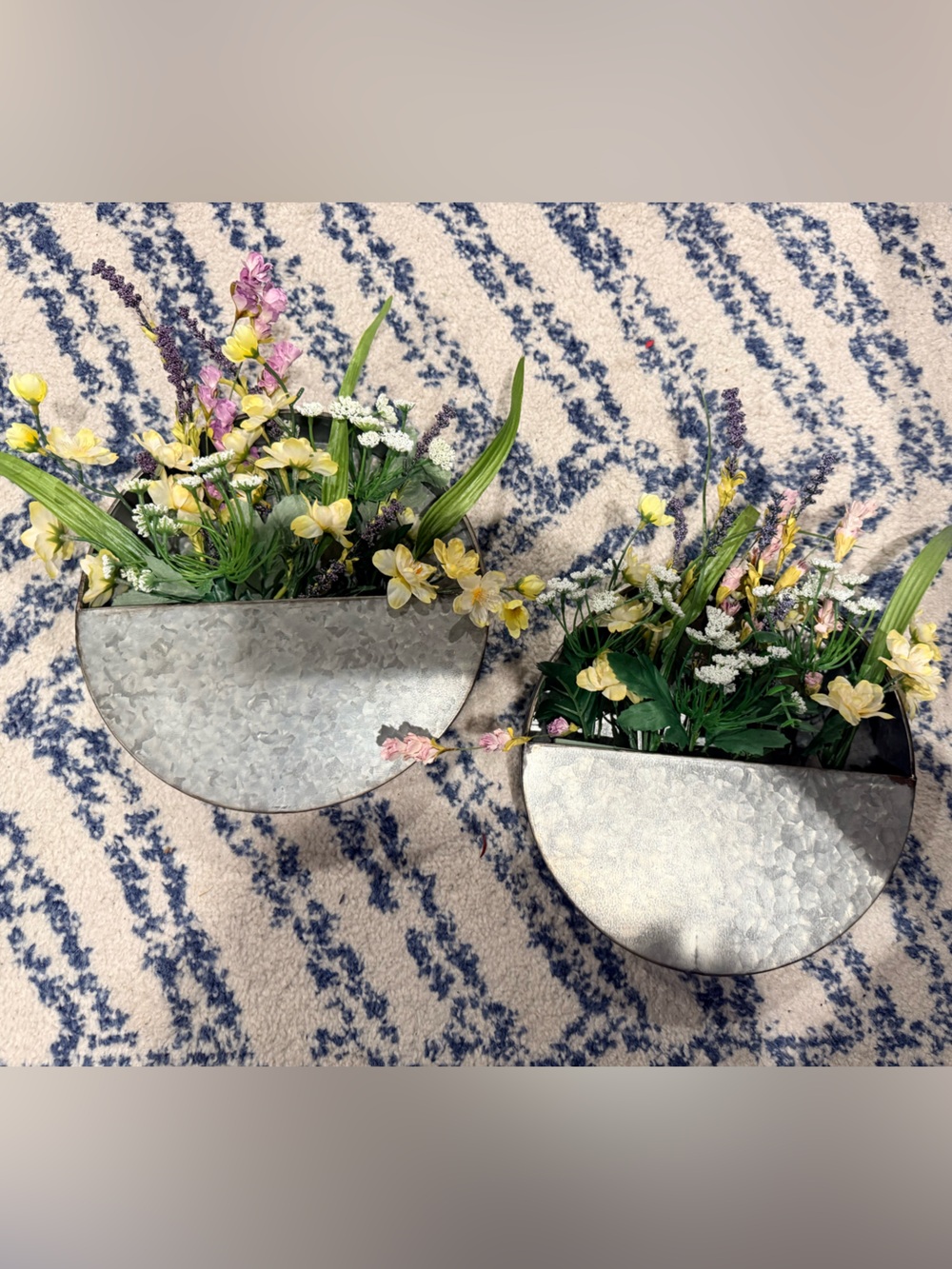 Galvanized Half-Moon Wall Planter Pair with Yellow Floral Accents